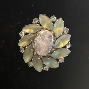 DANNY POLLAK - Sage Green Floral Navette Crystal Brooch w/ Semi-Precious Center